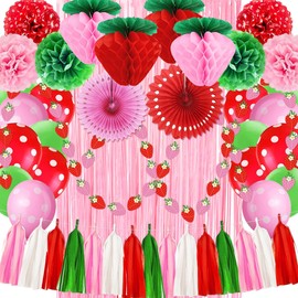 Strawberry Birthday Decorations includes Strawberry Honeycomb Balls Pink and Red Paper Pom Poms Fans Banner Ballons for Baby Shower Berry First Birthday Decor