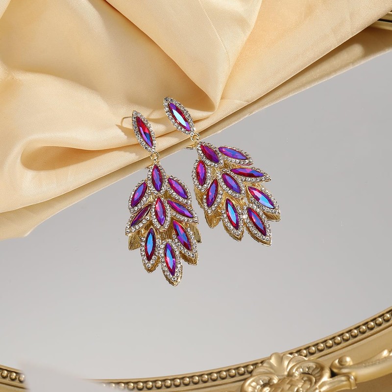 Leaf Crystal Dangle Earrings for Women Jewelry (Hot Pink-14K Gold)
