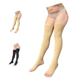 Ziperior Thigh High 15-20 mmHg Compression Wide Calf Inside Leg Zipper Open Toe (4X-Large, Nude)