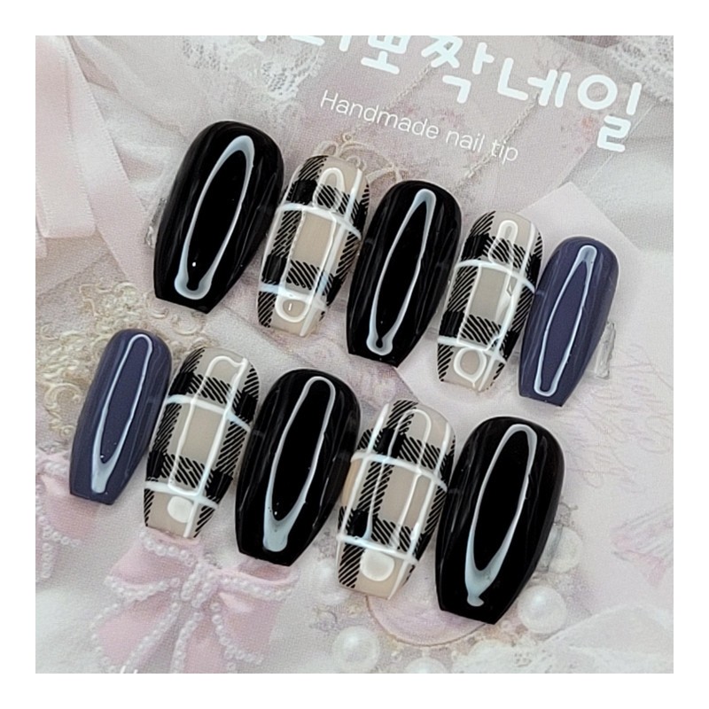 Achromatic check handmade nail tips - Square S / 무채색