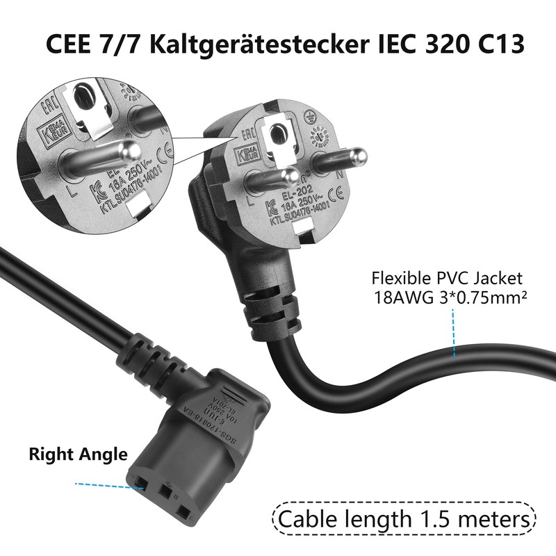 GELRHONR 1.5 m 3 Pin IEC Cable, 90 Degree CEE