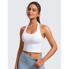 CRZ YOGA Womens Butterluxe Halter Longline Sports Bra - Padded Workout Yoga Crop Tops Tanks with Built in Pads White Small