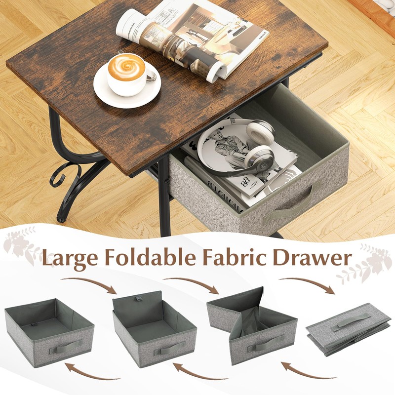 Tangkula Nightstand with Fabric Drawer, Industrial 2-Tier Bedside Table with