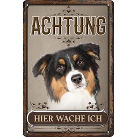 30 x 20 cm Weatherproof Tin Sign, Warning Gate Sign, Attention, Hier Wache ich! Warning of the Dog (Australian Shepherd)