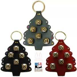 CHRISTMAS TREE RED LEATHER DOOR CHIME Stitching Crystal Ornaments 6 Brass Bells