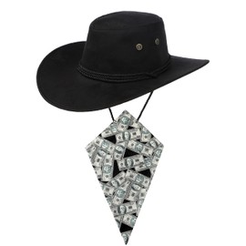 Black Cowboy Hat and USA Dollars Bandana Western Sun Cap Faux Felt Leather Suede Fancy Dress Party Costume Outfit Neckscarf Sun Protection Mens Womens