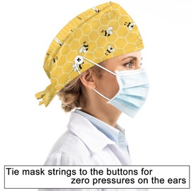 Honeycomb Bees Working Cap with Button Sweatband Bouffant Hats Adjustable Working Hat Surgical Cap Nurse Cap Elastic Bandage Tie Back Hats Scrub Caps for Women Men Long Hair