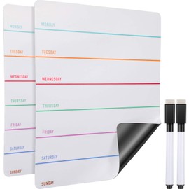 2 Pieces Magnetic Weekly Dry Erase Boards Erasable Weekly Calendars Whiteboard Planners with 2 Pieces Markers for Office, Home, School Supplies (Color 1, 9.4 x 7.5 Inch)