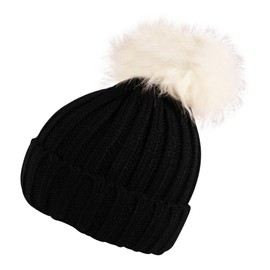 Itzu Girls Ribbed Beanie Hat Chunky Detachable Faux Fur Bobble Pom Turn Up Youth Kids Black (White)