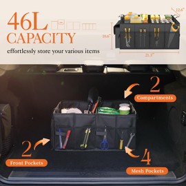 HOTOR Trunk Organizer for Car - Large-Capacity Car Organizer, Foldable Trunk organizer for SUVs & Sedans, Sturdy Car Organization for Car Accessories, Tools, Sundries, 2 Compartments, Black