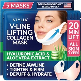 5 máscaras faciales moldeadoras de línea en V – Máscara de colágeno de hidrogel con aloe vera – Banda antienvejecimiento y antiarrugas – Correa reductora de doble barbilla – Hoja de elevación facial contorneadora, adelgazante y reafirmante