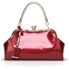 RTGGSEL Diamond Crystal Glossy Patent Leather Top Handle Tote Handbag for Women Bag Evening Wedding Shoulder Bag Satchel Purse (Wine Red)
