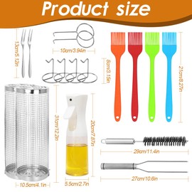 Rolling Grilling Baskets 2 PCS, Stainless Steel BBQ Net Tube Baskets with Oil Sprayer BBQ Accessories Tools for Vegetable Fish Meat Food Camping, Gifts for Men Dad and Husband