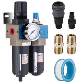 NANPU 1/2" NPT Compressed Air Filter Regulator Lubricator (FRL), 5 Micron Brass Element, 0-150 psi Gauge, Manual Drain, Metal Bracket