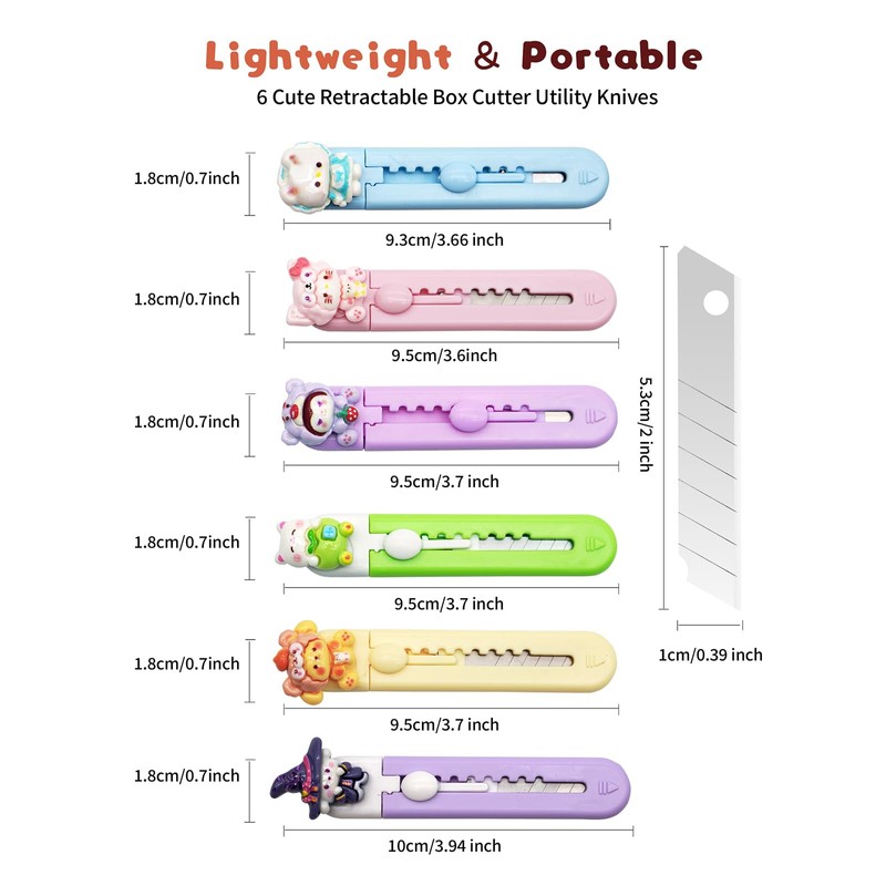 6 Pack Box Cutter Retractable, Sharp Utility Knife Retractable, Cute