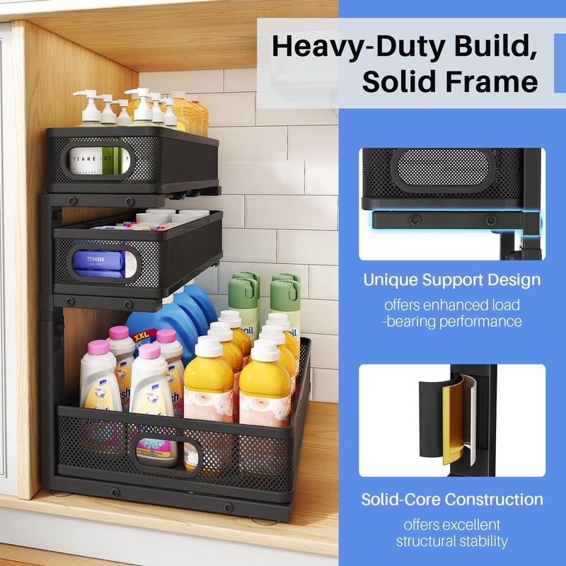Under Sink Organizer, 2-Pack 3-Tier Thickened Metal Pull out Cabinet