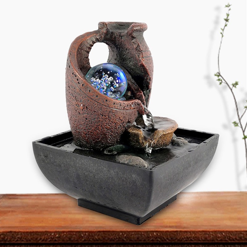 Desktop Fountain Flowing Water Decoration Ornament with LED Light Decor