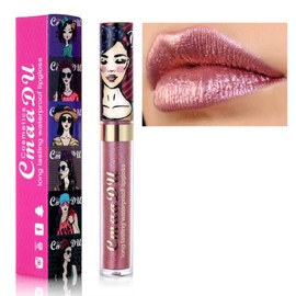 Glitter Lip Gloss, Pink Lipstick Long Lasting Glossier Metallic Shimmer Liquid Lipstick, Non-stick Cup Waterproof Lightweight Lip Gloss Lip Plumper for Women
