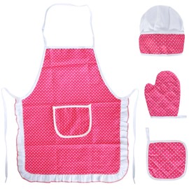 Kids Aprons for Girls, Toddler Chef Aprons with Pockets, Adjustable Children's Apron Set,Includes Chef Hat, Cooking Mitt, and Heat-Resistant Pad for Cooking, Baking, Painting, Crafting,Role Play