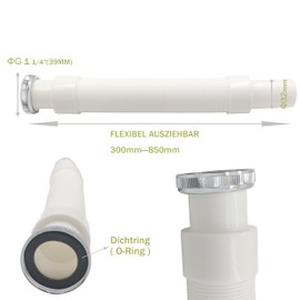 Mirorola Flexible Drain Hose Siphon with Metal Nut G 1 1/4 x 32 mm Plastic Pipe Siphon Extendible from 300-850 mm Odour Trap for Kitchen Sink Sink Drain Fitting for Washbasin