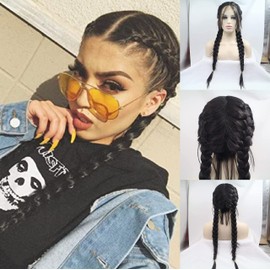 Black Double Braided Wig with Baby Hair, 2 x Twisted Braids Long Hair Glueless Synthetic Lace Front Wig Heat Resistant Synthetic Lace Wig for Women (2 x Black Color)