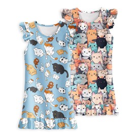 LQSZ Girls Nightgown Cat 2-Pack Nighties Toddler Short Pajama Sleepwear for Girls 3-10 Years