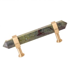 SUNYIK Pack of 2 Dragon Bloodstone Faceted Crystal Point Cabinet Knob with Screws, Hexagonal Double Point Stone Kitchen Cabinet Handle Dresser Hardware Decor, Brass Handle