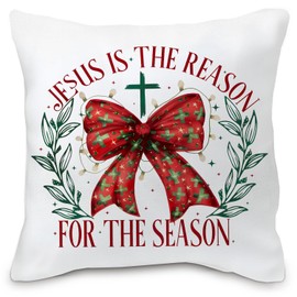 Nvotell Jesus Christmas Pillow Covers 18x18 - Coquette Bows Red and Green Christmas Decorations for Home Room Bedroom, Jesus is The Reason for The Season Decor