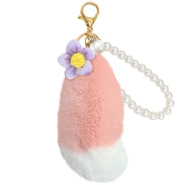 YUYAKESHI Fox/Tail/Keychain, Keyring, Goods, Charm, Cute, Linabel Bag Decoration, Plush Toy, Flower Decoration, Fluffy, Boxed, Comes with pink, tail, and pearl chain