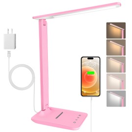Jumoking Desk Lamp LED Dimmable Eye Protection, Desk Lamp with 5 Colours and 5 Brightness Levels, Table Lamp with USB Charging Port, Touch Control for Children, Bedrooms, Reading, Offices (Pink)