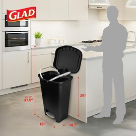 Glad 13 Gallon Trash Can | Plastic Kitchen Waste Bin with Odor Protection of Lid | Hands Free with Step On Foot Pedal and Garbage Bag Rings, Black