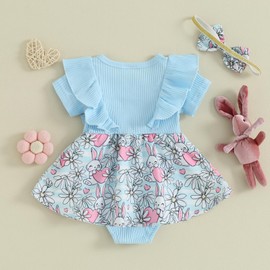 KtwHarnu Newborn Baby Girl Easter Outfit Bunny Print Ribbed Short Sleeve Romper Dress Ruffle Skirt Bodysuit Headband Set (Blue Easter, 9-12 Months)
