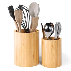 Fibogollo Bamboo Kitchen Utensil Holder for Countertop（Set of 2）, 6.5" and 5.5" Flatware Organizer for Silverware Spoon and Cooking Utensils Crocks
