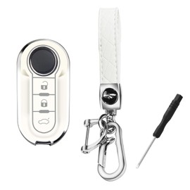 Hoembpn 3 Button TPU Car Key Cover Keychain Compatible with Fiat 500, Brava, Bravo, Doblo, Ducato, Fiorino, Grande Punto, Palio - Includes Carabiner Leather Lanyard D-Ring, White