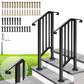 VIVOHOME 2-Pack 2 Step Galvanized Steel Hand Rails for Outdoor Steps – Curved Ends and Safety Balusters Exterior Railing for Porch, Deck, or Indoor Stairs, Complete Installation Kit