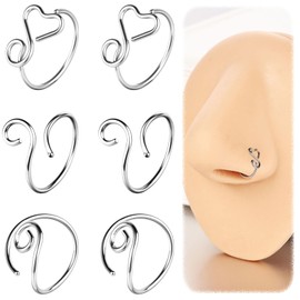 ZS 6Pcs Nose Rings Hoops 316L Stainless Steel Twist Spiral Nose Rings for Nostril Septum Cartilage Helix Daith Tragus Lip Bridge Piercings Jewelry (Mix Style,Silver)