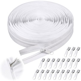 KILDOWS Endless Zip with Zip, 10 m Continuous Zip, White Nylon, Endless Zip, Sold by the Metre with 20 Metal Zip Heads for Clothes, Bags, Bedding, Pillows, DIY Sewing