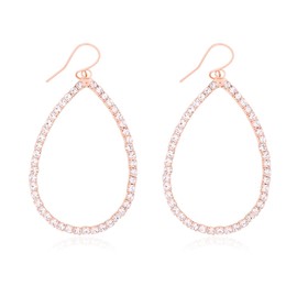 Sparkly Rhinestone Lightweight Geometric Hoop Drop Earrings - Teardrop, Pear, Oval, Marquise, Circle, Multi Cubic Crystal, Acrylic Pearl Dangles (Pave Teardrop - Rose Gold)