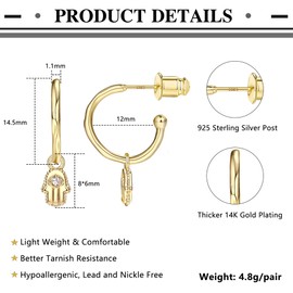 DOCHAIS Huggie Hoop Earrings for Women 925 Sterling Silver 14K Gold-Plated Trendy Small Golden Hoop Earrings with Pearl, Butterfly, Star and Hamsa Pendants Lightweight Drop and Dangle Earrings, Brass