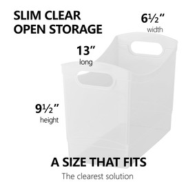 Modern Narrow Organizer Storage Bin, Clear Plastic Household Storage Container for Kitchen Pantry storage, Under Sink Bin, Bathroom/Laundry Room - Made In USA - 2 Pack (Narrow - 13” X 9” X 6”)