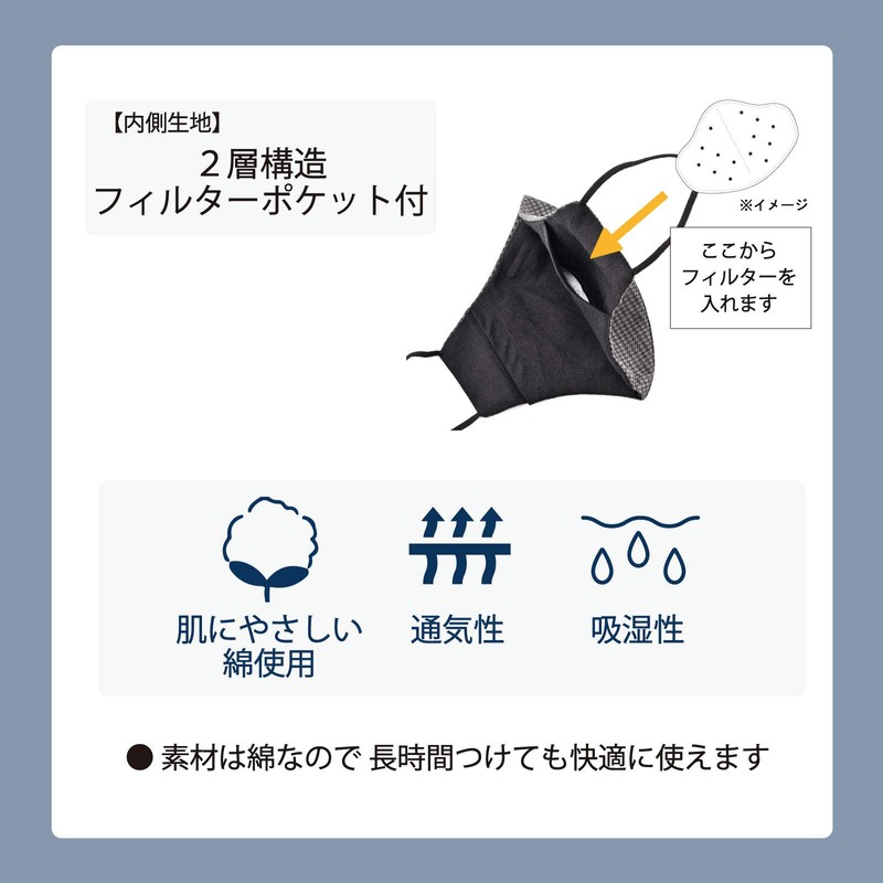 [ジェニファー] 【マスク５枚 + 高機能３層フィルター５枚入】ポケット付き ２層 立体構造 コットンマスク 洗える 個包装 (黒（水玉）)