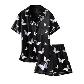 Satin Pajamas for Girls, 2 Pcs Sleepwear Short Sleeve Pajama Set Silk Pjs, Butterfly Black, 5-6 Years
