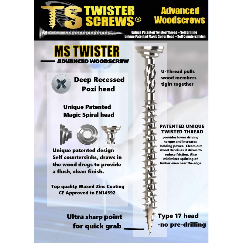 Twister Screws Advanced Multipurpose Wood screw, Self Drilling, Self Countersinking,