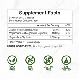 Magnesium Glycinate 500mg Per Capsule (1000mg Per Serving) Plus Vitamin C, 240 Capsules – 100% Chelated for Easy Absorption – Essential Mineral Supplement