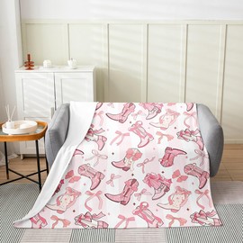 Cowgirl Boots Flannel Fleece Blanket, Western Starry Pink White Stripes Patchwork Soft Blanket for Bed, Sofa, Couch, Twin 60"x80"
