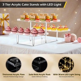 Dyna-Living 2PCS Dessert Table Display Set Acrylic Cupcake Stand 3 Tier Dessert Display Stands for Party with LED String Light, Cupcake Buffet Dessert Risers Stands for Weddings, Party