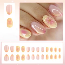 24Pcs Summer Almond Press On Nails Short French Yellow Fake Nails With Flower Gold Design Glue On Nails Pink Glossy False Nails Full Cover Stick On Nails For Women Nail Supplies