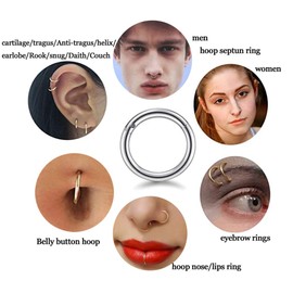 4 pares de anillos de nariz de acero quirúrgico de 18 g con bisagras, segmento de clic, aro, hélice, cartílago, Daith, tragus, piercings corporales para mujeres y hombres, 6 mm, 8 mm, 10 mm, 12 mm,