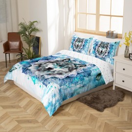 Safari Wolf Bedding Single for Kids Boys Girls Wild Animal Duvet Cover, Bohemian Mandala Comforter Cover Blue Ombre Bed Set, Chic Butterfly Quilt Cover (Zipper Closure)