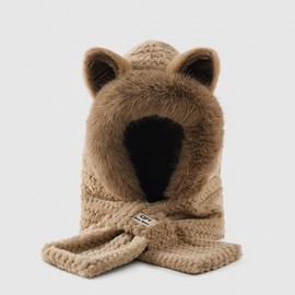 Women's Fall Winter Fur Balaclava Hat - Integrated Two-Piece Style for Cycling bolf3727 Women's Bear Two-Piece Set - Pink 3ea